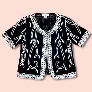 Once Again Black & White Women's Embroidered Short-Sleeve Cardigan | Large